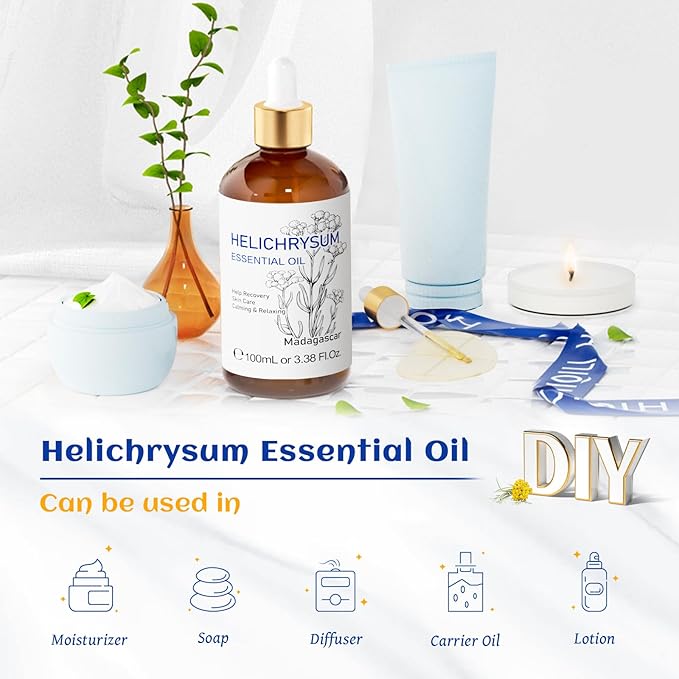 HIQILI Helichrysum Essential Oil for Skin Nourish, Undiluted & Natural, Relieve Fatigue in Body Massage, Reduce Fine Line and Wrinkle, Aromatherapy Diffuser, DIY Floral Scented Gift -100ML