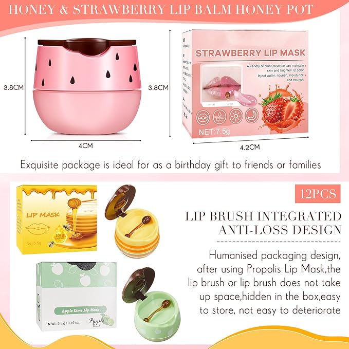 12 Pcs Bee Lip Balm Honey Pot with Brush Propolis Lip Mask Overnight, Moisturizing Hydrating Lip Sleeping Mask Prevention Dry and Cracked(Honey+Strawberry+Apple Lime)