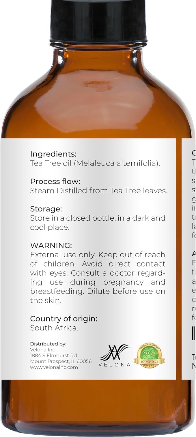 Tea Tree Essential Oil by Velona - 4 Fl Oz | Therapeutic Grade 100% Pure and Natural | for Aromatherapy Diffuser, Massage, Skincare, Haircare, Soapmaking | Undiluted and Multipurpose in Glass Bottle