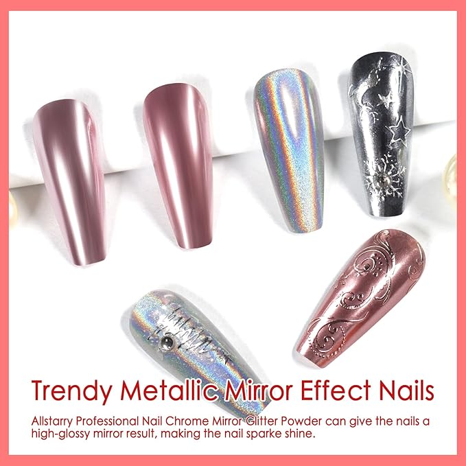 Allstarry Chrome Nail Powder, Metallic Mirror Effect Pigment Chrome Holographic Nail Glitter Magic Unicorn Glitter Dust Kit for Manicure Valentines Nail Art Decoration- Pink Silver Grey Series