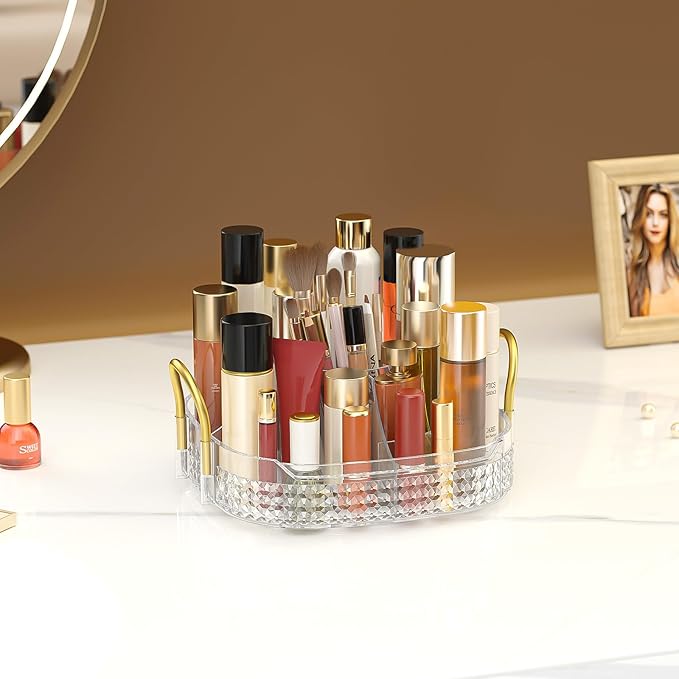 Awenia Rotating Makeup Organizer 360, Stackable Adjustable Large Capacity Cosmetic Storage Unit,Dresser Bathroom Kitchen Countertop Organizer with Metal Handle, Plus Size (Clear, 1 Tier)