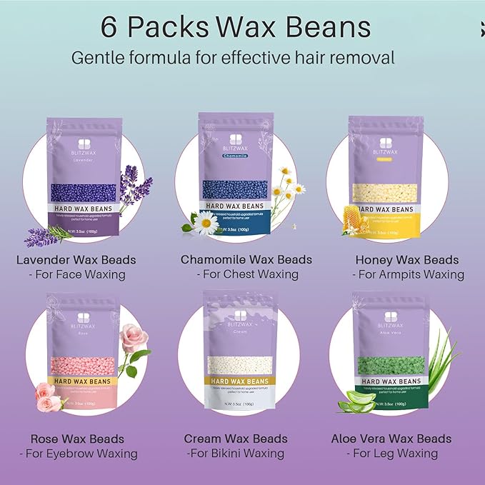 BLITZWAX Brazilian and Bikini Waxing Kit for Women, Hard Wax Warmer for Face, Legs, and Body, At Home Hair Removal Kit, Beginner Friendly, Quick Heating, 32pcs Wax Spatulas