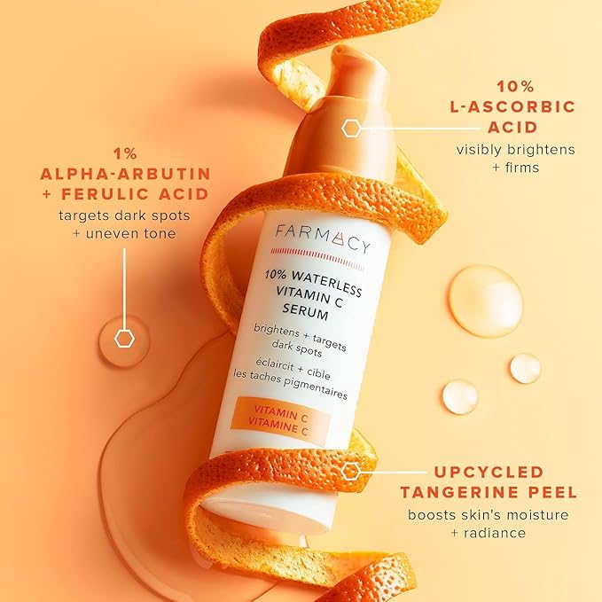 Farmacy 10% Vitamin C Face Serum - Waterless Vitamin C Skin Care Serum to Brighten, Firm + Smooth Skin Texture - Enriched with Upcycled Tangerine Peel to Boost Skin's Moisture + Radiance (5ml)