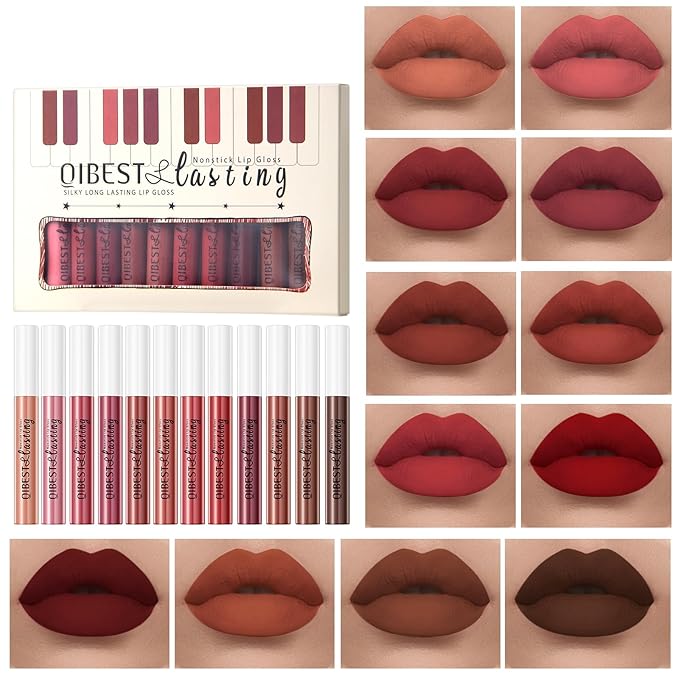 12Pcs Makeup Matte Lipstick Lip Kit, Warm Neutrals & Vintage Reds Non-Stick Cup Not Fade Liquid Lipstick Waterproof Long Lasting Durable Nude Lip Gloss Beauty Cosmetics Gift Box Makeup Set Kit
