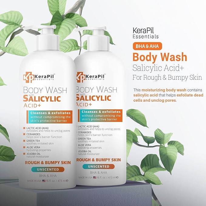 Salicylic Acid Body Wash - Skin Non-drying, Gentle Exfoliates Rough and Bumpy Skin, Body Acne Wash, BHA & AHA - Unscented Exfoliating Body Wash, Made in USA - (16 fl oz x 2)