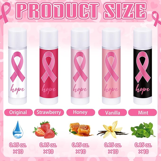 50 Pack Breast Cancer Awareness Favors Bulk Lip Balms Gifts Pink Ribbon Lip Balms Favors Breast Cancer Awareness Month Accessories Support Party Items Decorations for Women Men Survivors