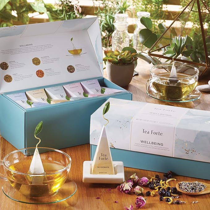 Tea Forte Wellbeing Assorted Presentation Box Tea Gift Set, 20 Count, 2 of Each Variety Individually Wrapped Handcrafted Pyramid Infuser Bags