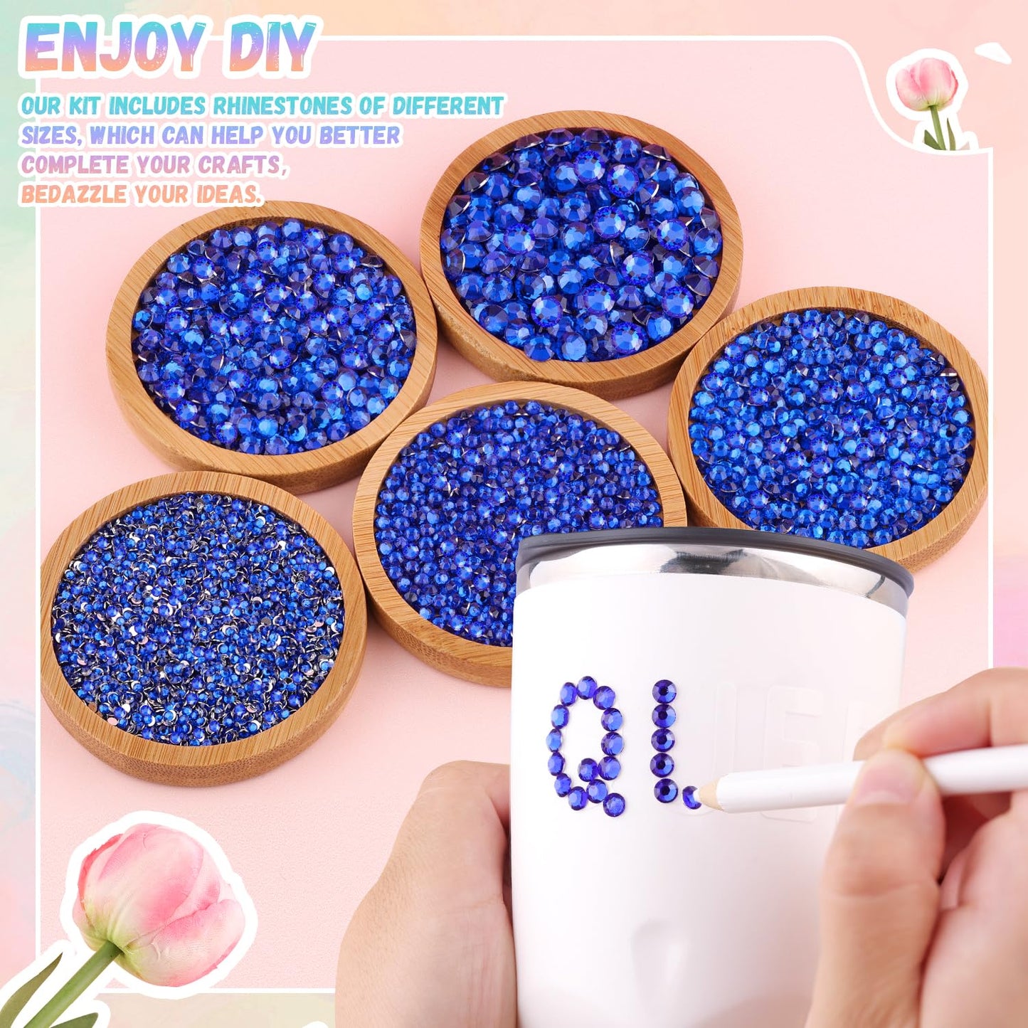 25000Pcs Resin Rhinestones with Tweezers for Crafting, 2-6mm Mixed Sizes (Royal Blue) Non Hotfix Flatback Gems, Bedazzling Crystal for DIY Crafts Clothing Tumblers Mugs Shoes Decor Nail Art