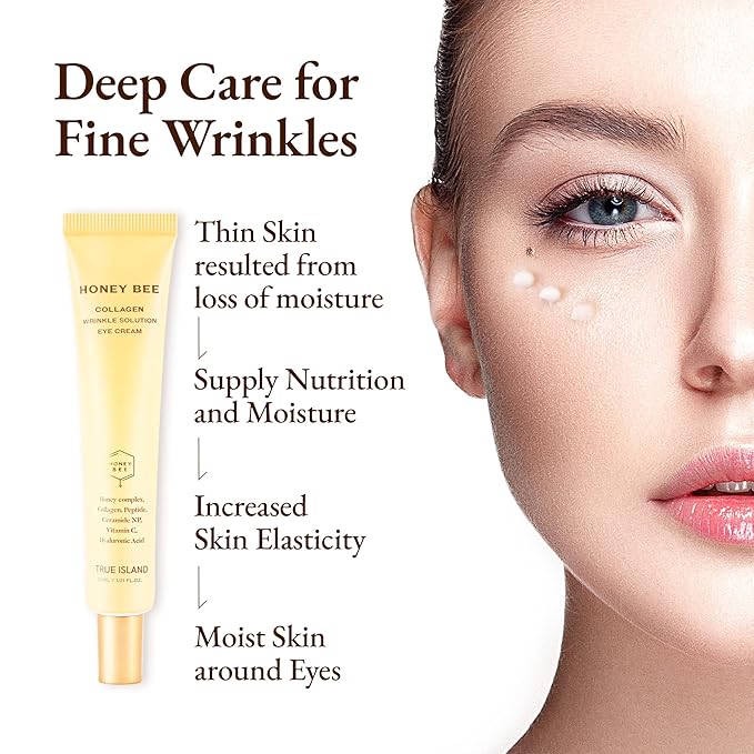 Honey Bee Collagen Fine Line Firming Eye Cream for Puffiness and Bags Under Eyes w/Vitamin C, 4 Peptides & Niacinamide | Bright and Tight Under Eye Cream for Dark Circles 1.01 fl oz