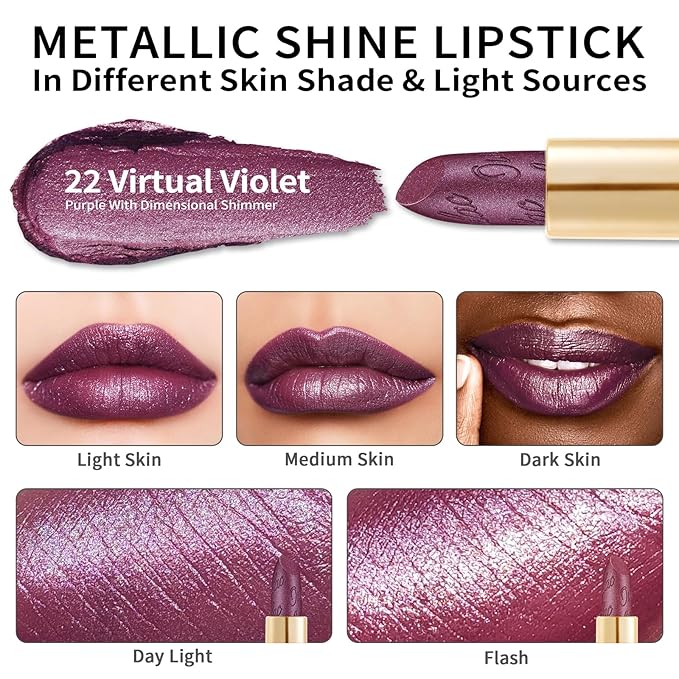 Oulac Purple Lipstick for Women with Metallic 3D Shine Lightweight Hydrating Formula, High Impact Lip Color, Vegan & Gluten Free Beauty, Full Coverage Lip Makeup, Virtual Violet(22)