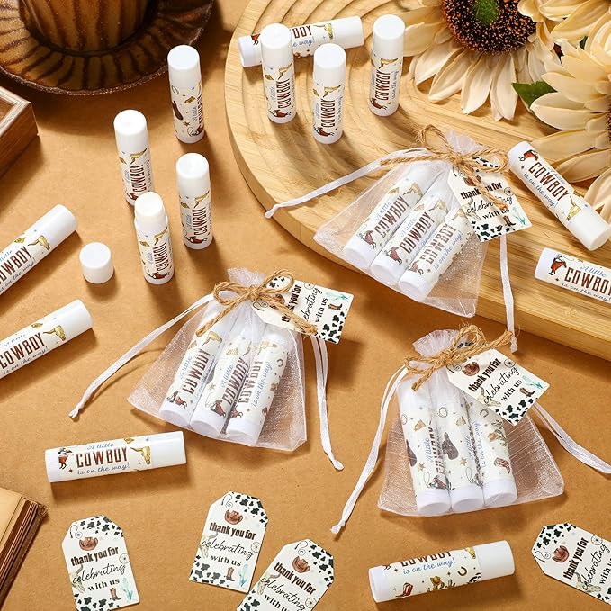 Demissle 50 Pcs Baby Shower Lip Balm Gift Set with 100 Pcs Organza Bags Baby Shower Party Favor for Guest Thank You Tag Rope Baby Shower Party Decoration Gender Reveal Souvenirs (Cowboy)
