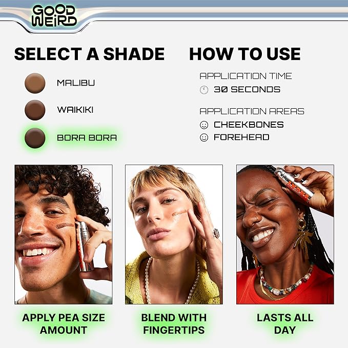 GOOD WEIRD Back From Vacay Bronzer - Vegan Liquid Face Bronzer Gel Cream for Men and Women | Natural Glow Lightweight Highlighter Makeup | Subtle Shimmer | 0.56 fl. oz. | BORA BORA (Dark Bronze)