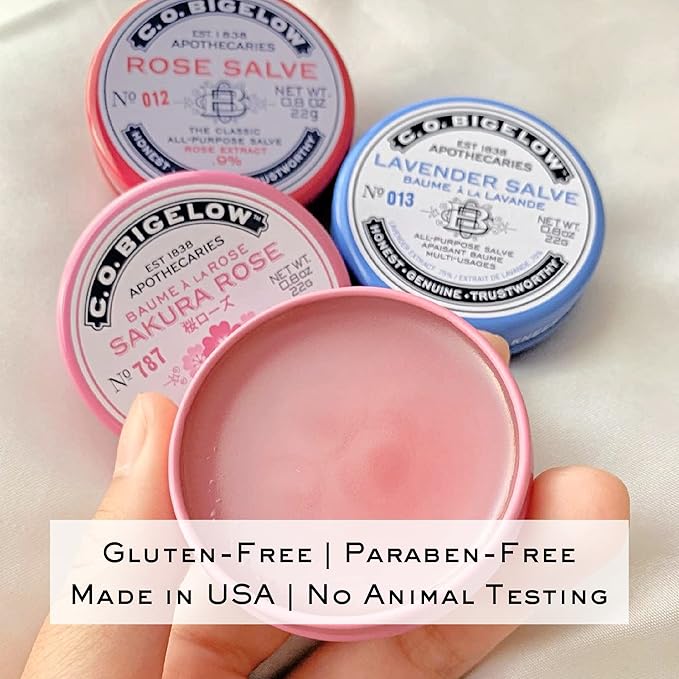 C.O. Bigelow All Purpose Salves, Variety Pack of 3 Lip Balm Tins for Chapped Lips & Dry Skin - Classic Rose, Lavender & Sakura Rose Moisturizing Lip and Skin Salves, 0.8 oz each