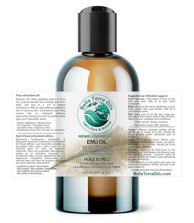 Bella Terra Oils - Emu Oil 8 oz - Australian Legacy, Famed for Omega-3, Omega-6 & Omega-9, The Natural Secret to Radiant Skin