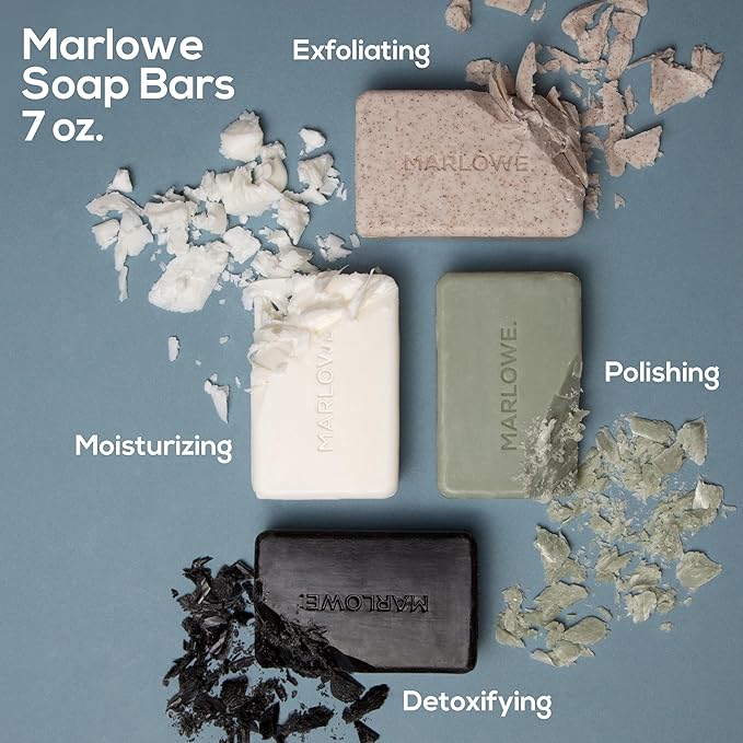 MARLOWE. No. 106 Charcoal Soap 7 oz (3 Bars) Body Bar Soap for Men, Cleansing, Purifying & Hydrating with Natural Extracts, Shea Butter, Olive Oil & Green Tea Extracts, Fresh Woodsy Scent