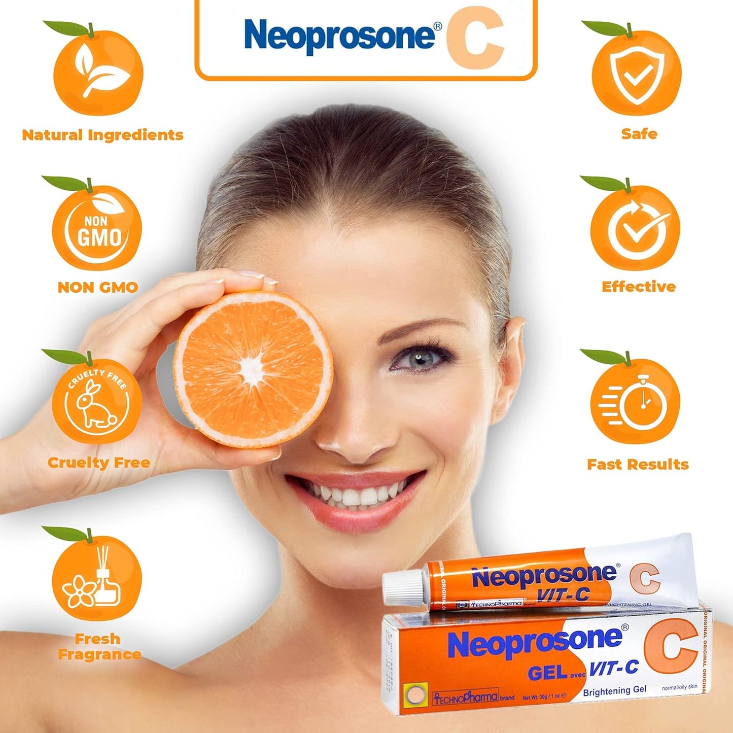 Neoprosone, Vitamin C Gel - 1 Fl oz / 30 ml - Brightening Gel Cream for Neck, Face, Body, Armpit, Hands - For Women and Men, with Alpha Arbutin