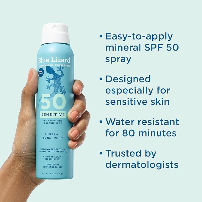 Blue Lizard Sensitive Mineral SPF 50 Spray, Dermatologist-Recommended Brand, Broad-Spectrum UVA/UVB Protection, Water-Resistant, Zinc Oxide Formula, 5 oz