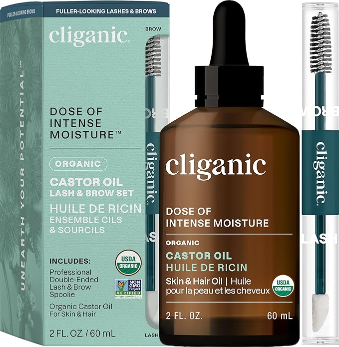 Cliganic Organic Castor Oil, 100% Pure (2oz Glass Bottle with Eyelash Kit) - For Eyelashes, Eyebrows, Hair & Skin (Packaging May Vary)