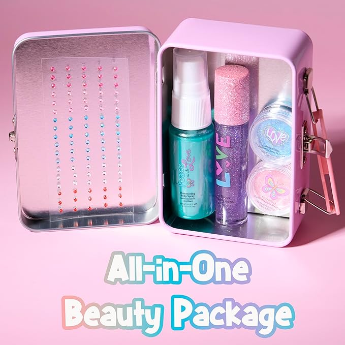 Expressions 6pc Peace & Rhinestones Beauty Set w/Tin Box Storage Case - Body Spray, Body Glitter, Mini Body Gems, and Lip Gloss Set,Washable + Non Toxic