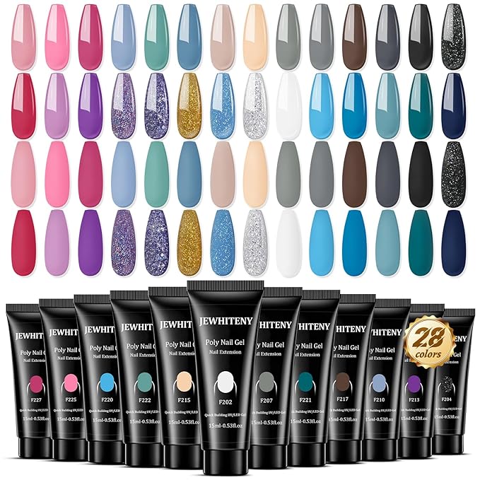 JEWHITENY 28 Colors Poly Nail Gel Set - 15ml Nude Pink Brown Black Grey Blue Yellow Tones for French Manicure DIY Nail Art Salon & Home Use Holiday Gift