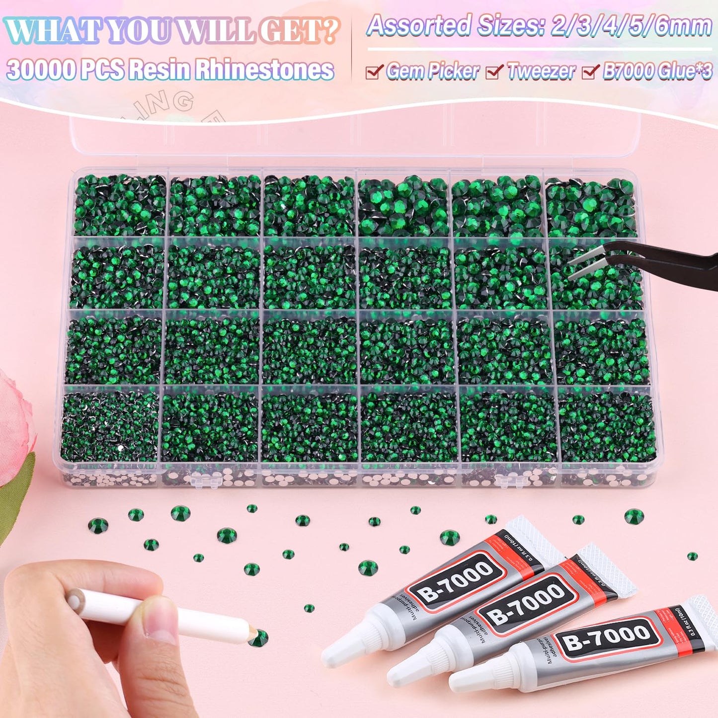30000Pcs Resin Emerald Green Rhinestones for Bedazzling Crafting with b7000 Jewelry Glue, Bulk Flatback Gems Bedazzler Kit for Crafts Clothes Shoes Fabric Nail Diamond Art, Assorted Size 2/3/4/5/6mm