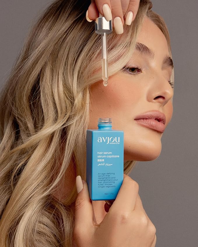 Avjou Researche™ Scalp Serum – Thicker, Fuller-Looking Hair + Targets Visible Signs of Premature Greying – 3 Patented Ingredients – Backed by Cosmetic Science – Oil-Free, All Hair Types, 1.7 oz