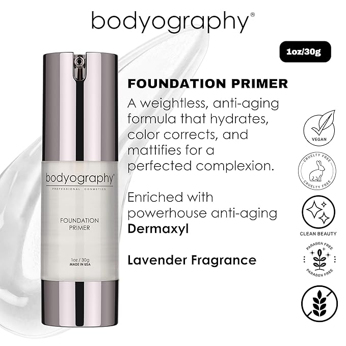 BODYOGRAPHY - Foundation Primer (Clear): Flawless Anti-Aging Salon Makeup Primer w/Vitamin E, A, Jojoba, Grapeseed Oil | Control Shine | Gluten-Free, Cruelty-Free, 1 oz.