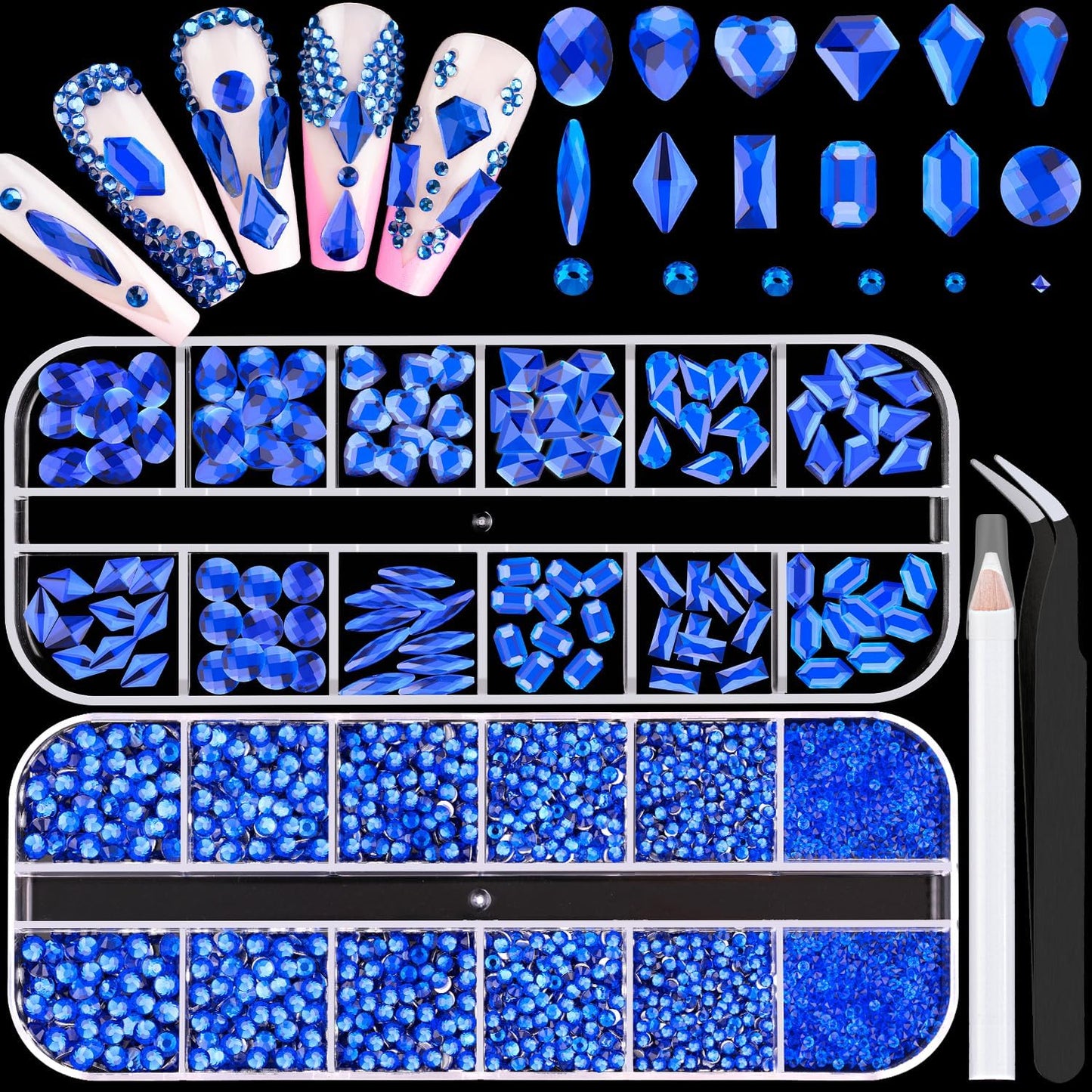 2680Pcs Royal Blue Glass Nail Rhinestones 120Pcs Multi Shapes Flatback Nail Gems + 2560Pcs 1.5-4mm Round Crystal, Manicure Nail Charms Diamond Gemstones for Acrylic Nails Decoration
