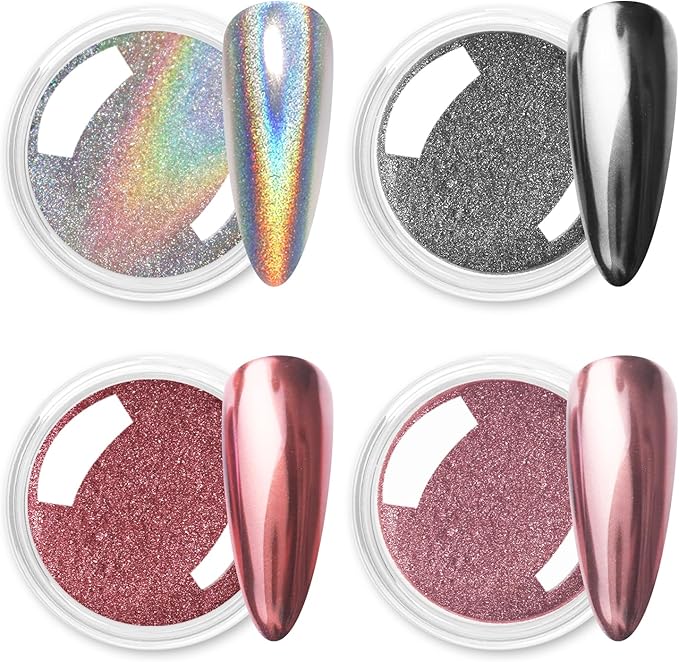 Allstarry Chrome Nail Powder, Metallic Mirror Effect Pigment Chrome Holographic Nail Glitter Magic Unicorn Glitter Dust Kit for Manicure Valentines Nail Art Decoration- Pink Silver Grey Series