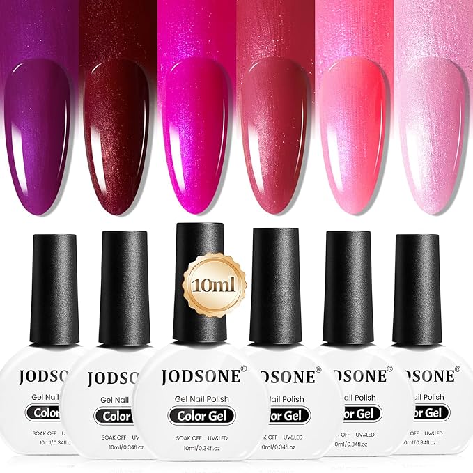 JODSONE 10ml Gel Nail Polish Set Red Glitter 6Colors Glitter Rose Red Gel Polish Lacquer Glossy Art for Nail and Salon Need U V Lamp