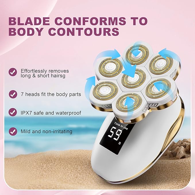 Electric Razors for Women, Wet/Dry 7D Rechargeable Rotary Shaver for Legs, Water Resistant Grooming Kit - Electric Razors for Women, Facial Hair Removal, Bikini Trimmer, Lips - Gentle Hair Remo-Gold