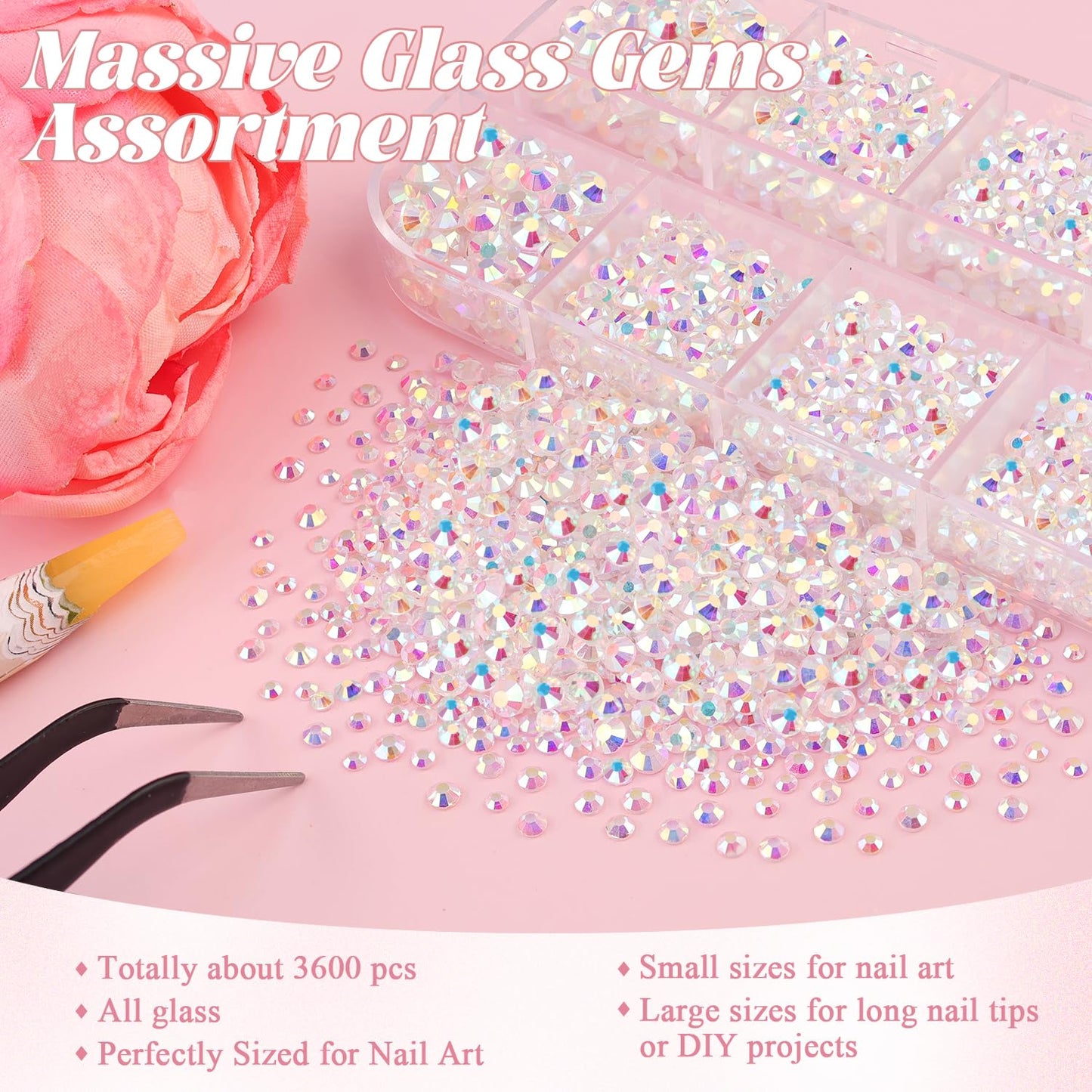3600pcs Glass Transparent AB Nail Rhinestones 6 Sizes(1.8/2/2.4/2.8/3/4mm) Flatback Crystal Nail Charms Jewels Decoration for Nail Art and Crafting, Tweezer and Pickup Pen included