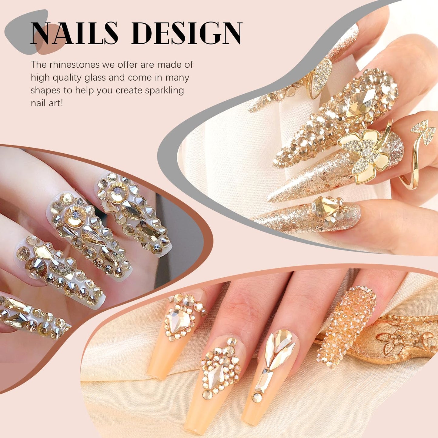 3220Pcs Champagne Gold Glass Nail Rhinestones 120Pcs Multi Shapes Flatback Nail Gems +3100Pcs 1.5-4mm Round Crystal with Rhinestones Glue Gel, Manicure Nail Charms Diamond Gemstone for Nail Art