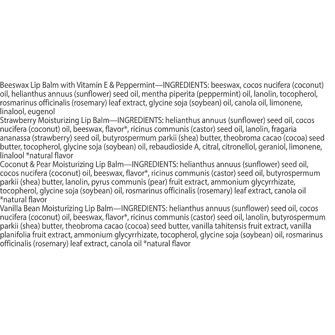 Burt's Bees Lip Balm - Beeswax, Strawberry, Coconut and Pear, and Vanilla Bean, With Responsibly Sourced Beeswax, Tint-Free, Natural Origin Lip Treatment, 4 Tubes, 0.15 oz.