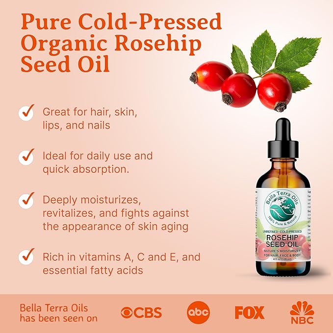 Bella Terra Oils - Organic Rosehip Facial Oil 8 oz - Dive into Organic Rosehip's Essential Fatty Acids & Antioxidants, Infused with Vitamin F, Elevate Daily Face Rituals