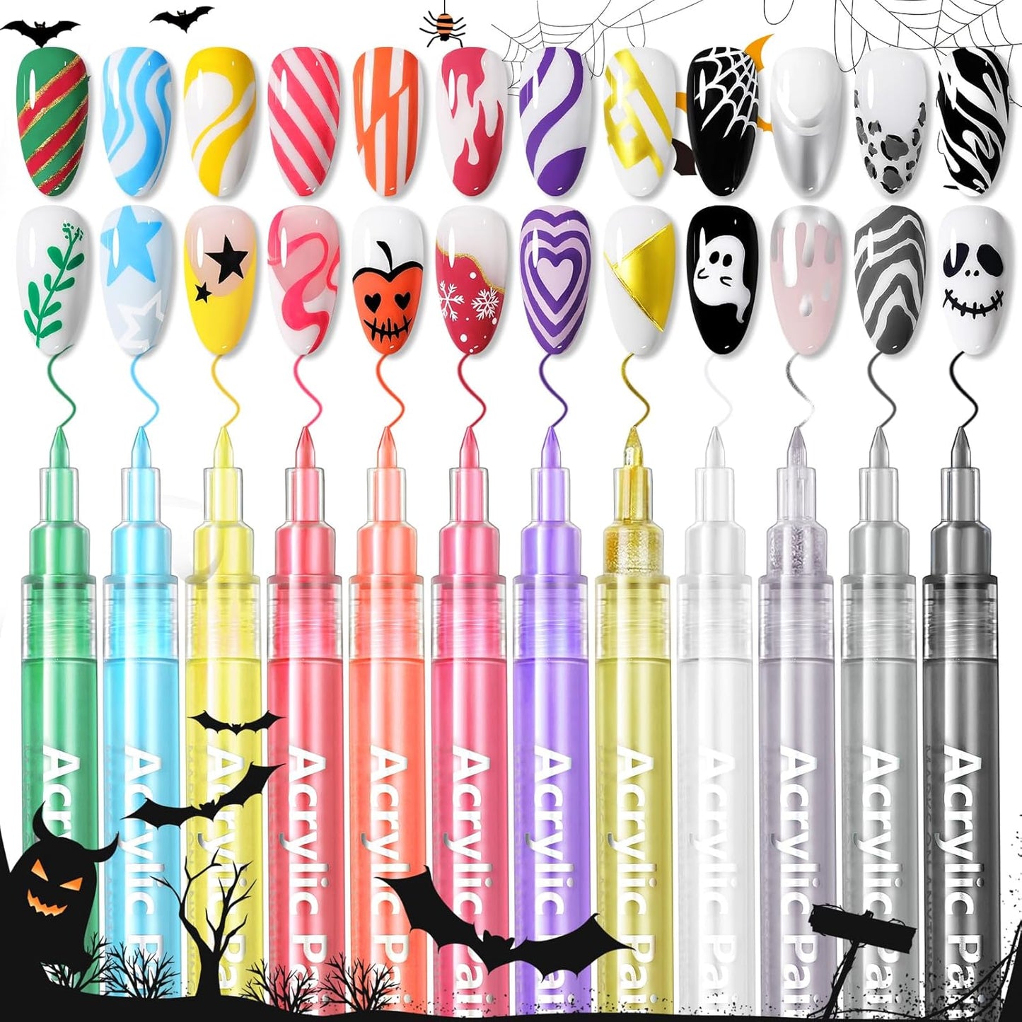 Born Pretty 12 Colors Nail Art Pens Set, Halloween Black White Orange Purple Colors 3D Acrylic Nail Polish Pens Quick Dry Nail Markers for Halloween Drawing Painting Dotting Pen DIY Manicure Tools