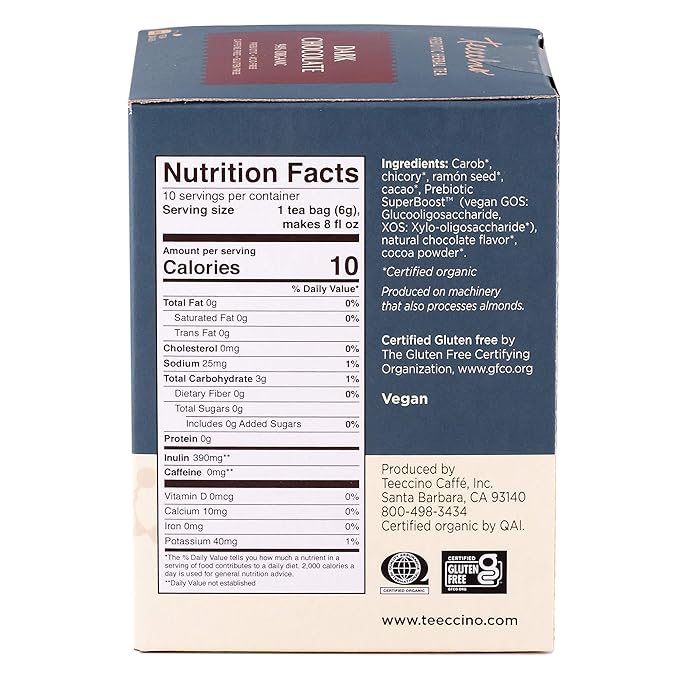 Teeccino Dark Chocolate - Prebiotic SuperBoost™ Herbal Tea - Support Your Probiotics with Prebiotics For Good Gut Health and Regularity, Digestive Chocolate Tea, 10 Tea Bags