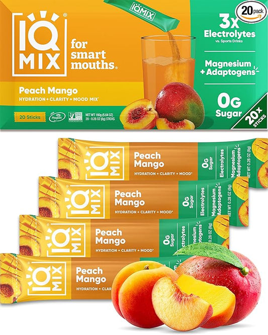 IQMIX Hydration Electrolyte Powder – 4-in-1 Formula for Hydration, Mental Clarity, Mood and Recovery – Sugar-Free Drink Mix, Keto, Magnesium L-Threonate, Lion’s Mane – 20 Count Peach Mango