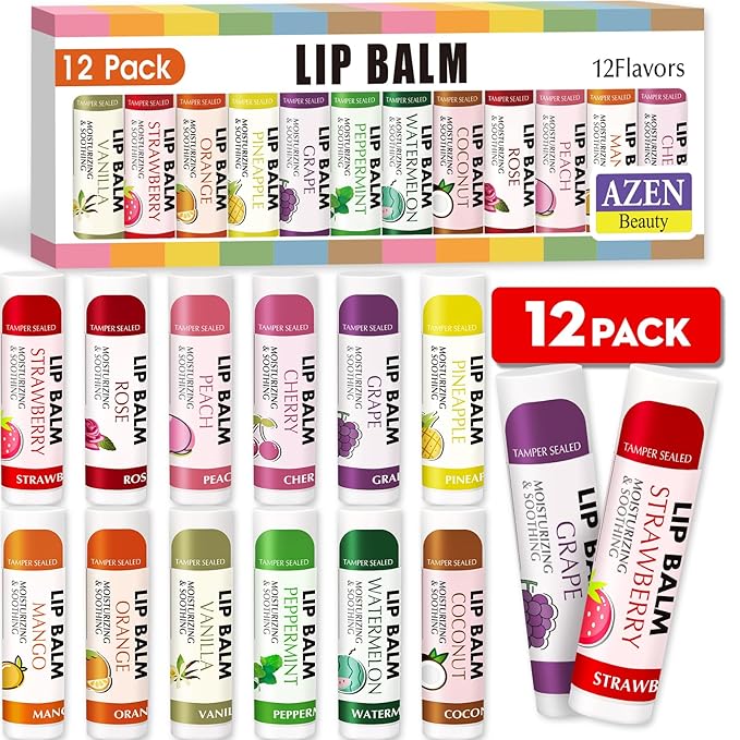 AZEN 12 Pack Lip Balm, Natural Lip Balm Bulk, Lip Care Product, Moisturizing Lip Balm for dry cracked lips - 12 Flavors