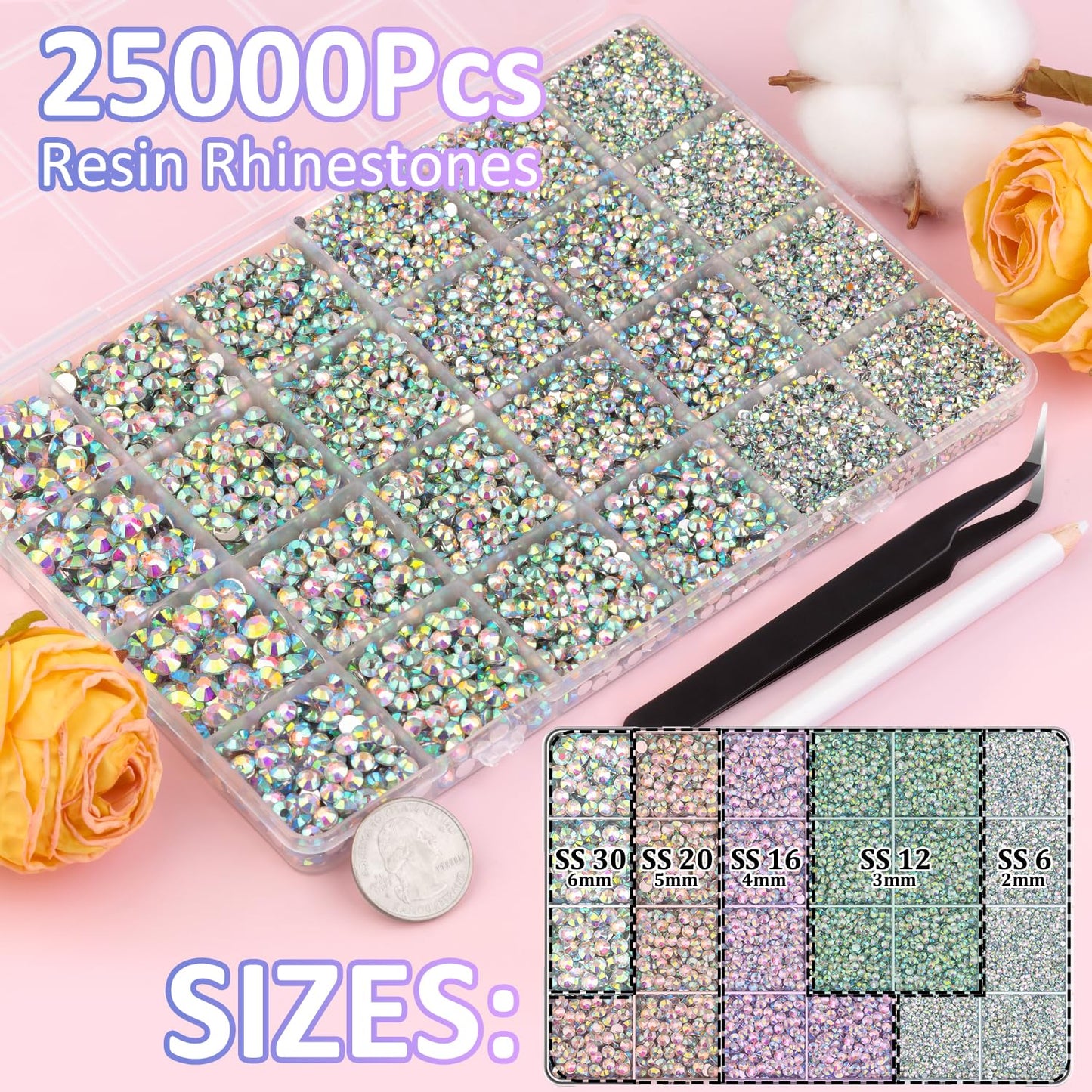 25000Pcs Resin Rhinestones with Tweezers for Crafting, AB 2-6mm Mixed Sizes Bedazzling Crystal with 3Pcs 10ml B7000 Jewelry Glue for DIY Crafts Clothing Tumblers Shoes Fabric Nail Art