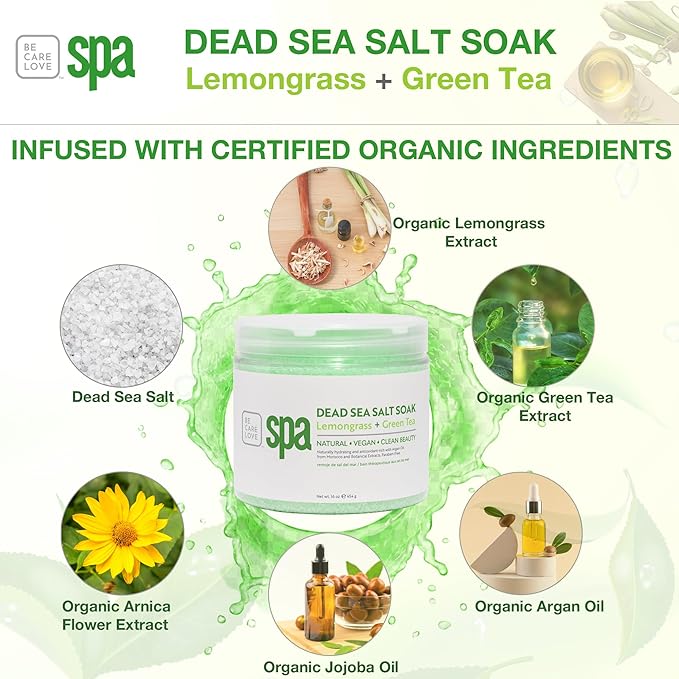 BCL SPA Dead Sea Salt Soak - Bath Salt with Organic Lemongrass + Green Tea, Shae Butter, Arnica, Aloe Vera Juice, Chamomile, Argan Oil & Jojoba Oil - Skin Exfoliator - Home/Professional Use 16 fl oz
