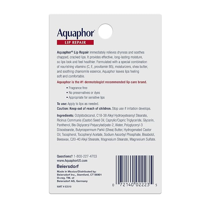 Aquaphor Lip Repair Tubes, Lip Ointment for Chapped Lips, Moisturizing Lip Balm, Two 0.35 ounce tubes