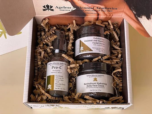 Ageless Millennial Aesthetics - Days Skin Care Gift Box - 1 Exfoliating Coconut Scrub - 2.0oz, 1 Pro-C Illuminating Antioxidant Serum - 1.0oz, and 1 Revitalisant Hydrating Cream - 2.0oz