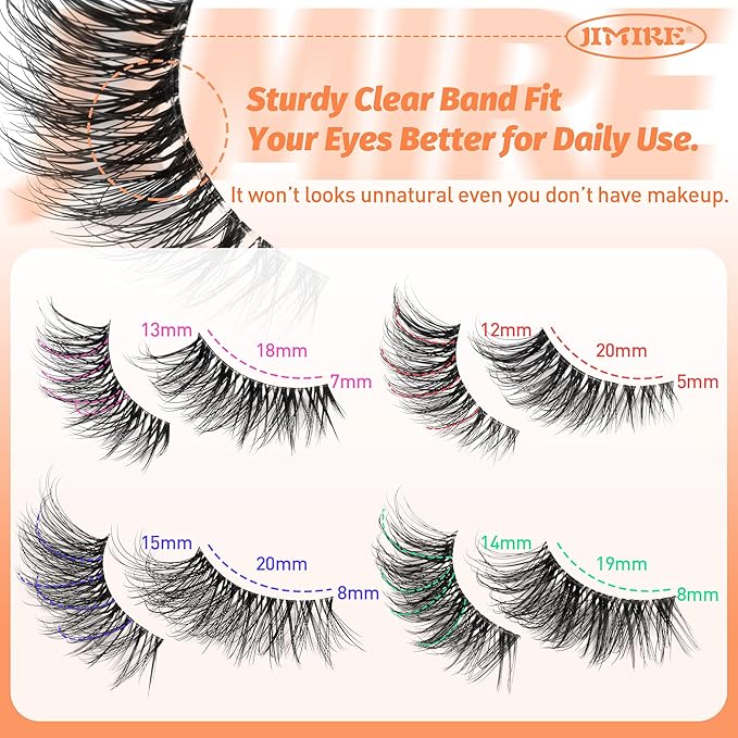 JIMIRE 20 Pairs Hlaf False Eyelashes with Clear Band Half Lashes Wispy Short Accent Lashes 4 Styles Mixed Cat Eye Mink Lashes Fluffy 3/4 Corner Fake Half Lashes Cat Eye Natural Look