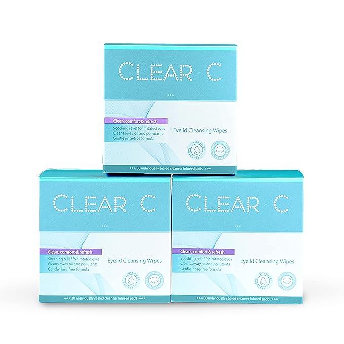 Clear C Eyelid Wipes Pre-Moistened for Dry Eyes – Rinse Free Eye Lid Cleaning Wipes – Individually Wrapped Travel Eye Wipes, 3 Boxes of 30
