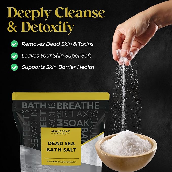 Aromasong Dead Sea Bath Salt - 100% Pure & Natural Dead Sea Salts for Soaking Fine Grain 5 LB - Bulk Resealable Pack (Packaging May Vary) Used for Body wash Scrub - Soak for Women & Men.