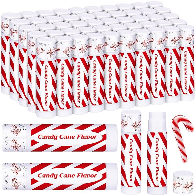 50 Pack Christmas Candy Peppermint Cane Lip Balms Bulk Holiday Flavor Collection Lip Balm Gifts Christmas Stocking Party Gifts Goodie Bags Stuffers for Women Men Staff Employee