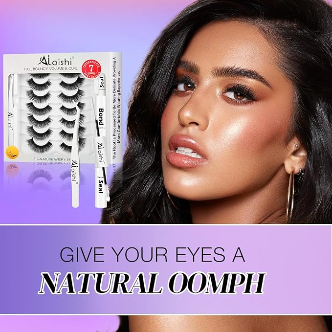 Fluffy False Eyelashes Kit With Bond, Seal and Tweezer, 7 Pairs Natural Look Fake Cat Eye Lashes Strips Thin Band Extensions Waterproof Easy Eyelashes for Beginners DF79