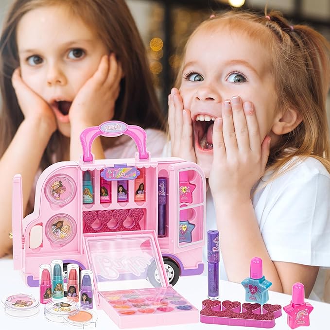 Barbie Car Makeup Kit for Girls, Real Washable Toy Makeup Set, Barbie Gift, Play Makeup and Pretend Play Toys Ages 6 7 8 9 10 11 12