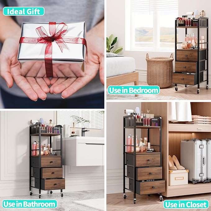 HapiRm Rolling Makeup Cart Organizer - Floor Skincare Make Up Storage with 3 Drawers, Vanity Organizer Cosmetic Display Cases Holder for Skin Care Perfume Nail Polish Brush Hair Tool